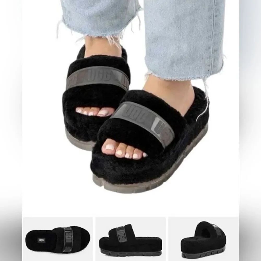 UGG Fluffita Black Sheepskin Fluffy Slide Sandals